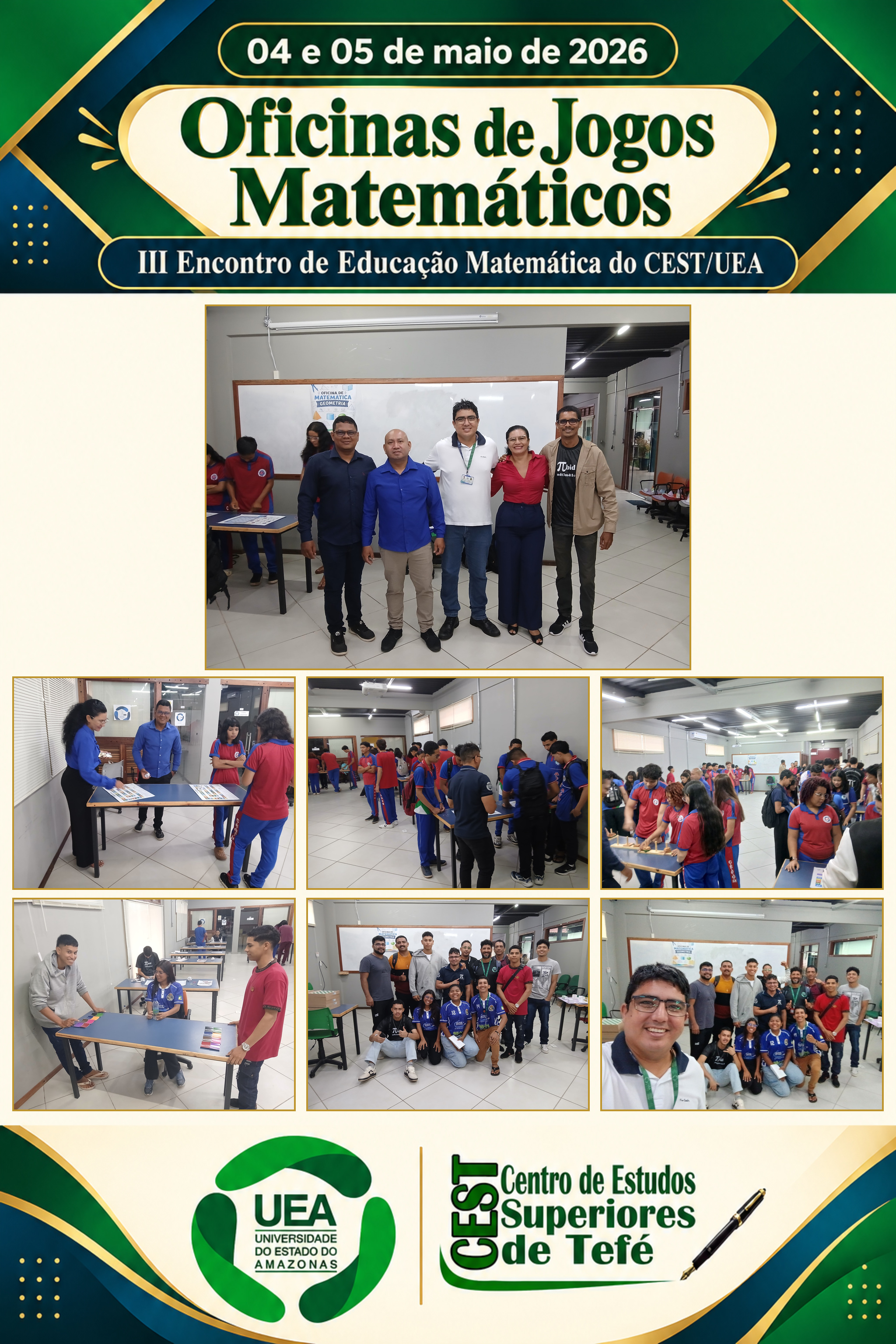 Terceira colagem das oficinas de jogos matemáticos, com os logos da UEA e do CEST