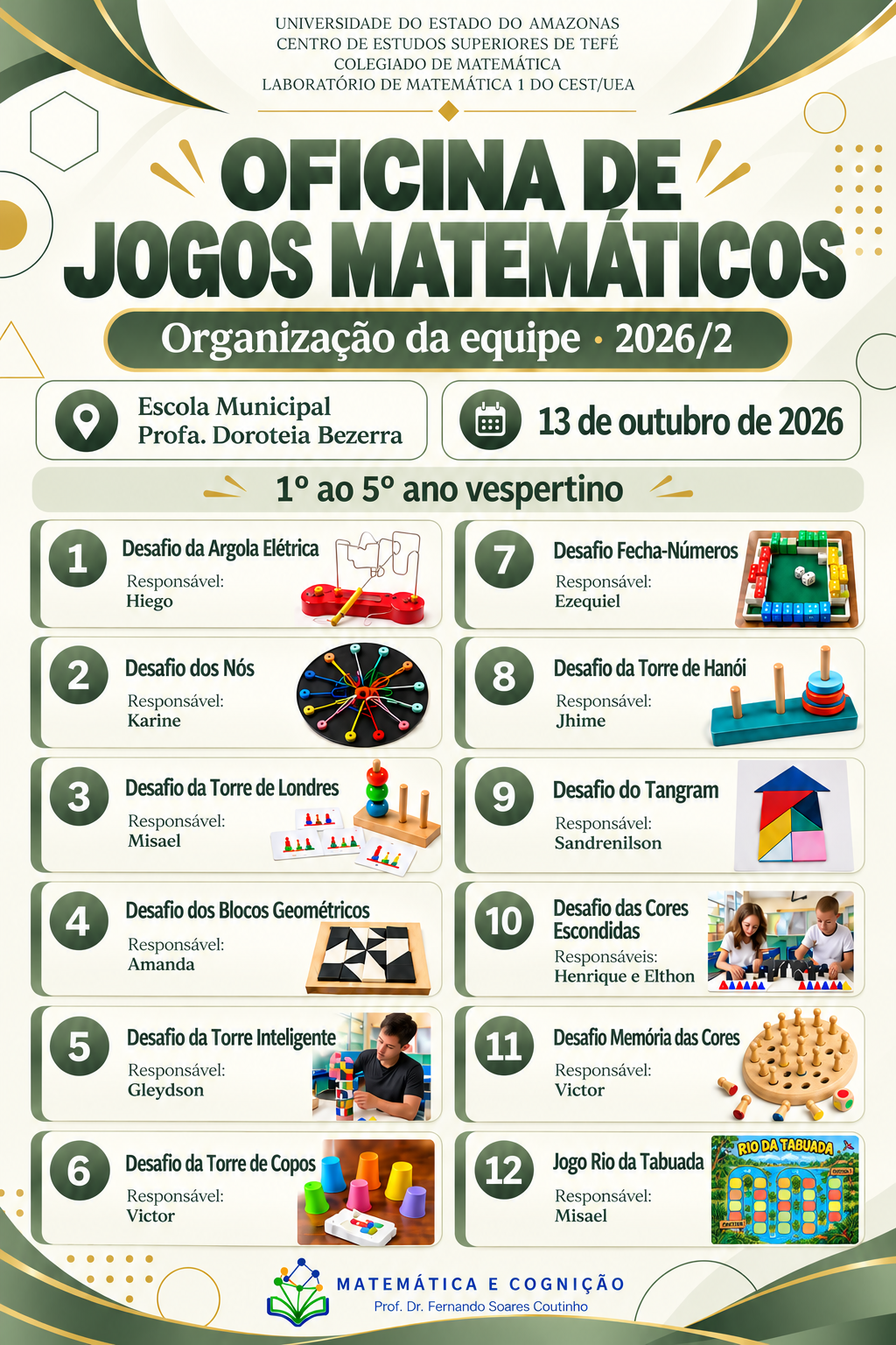 Primeira colagem da oficina de Jogos, Matemática e Cognição na Escola Municipal Profa. Dorotéia Bezerra dos Santos, com registros dos participantes e da equipe