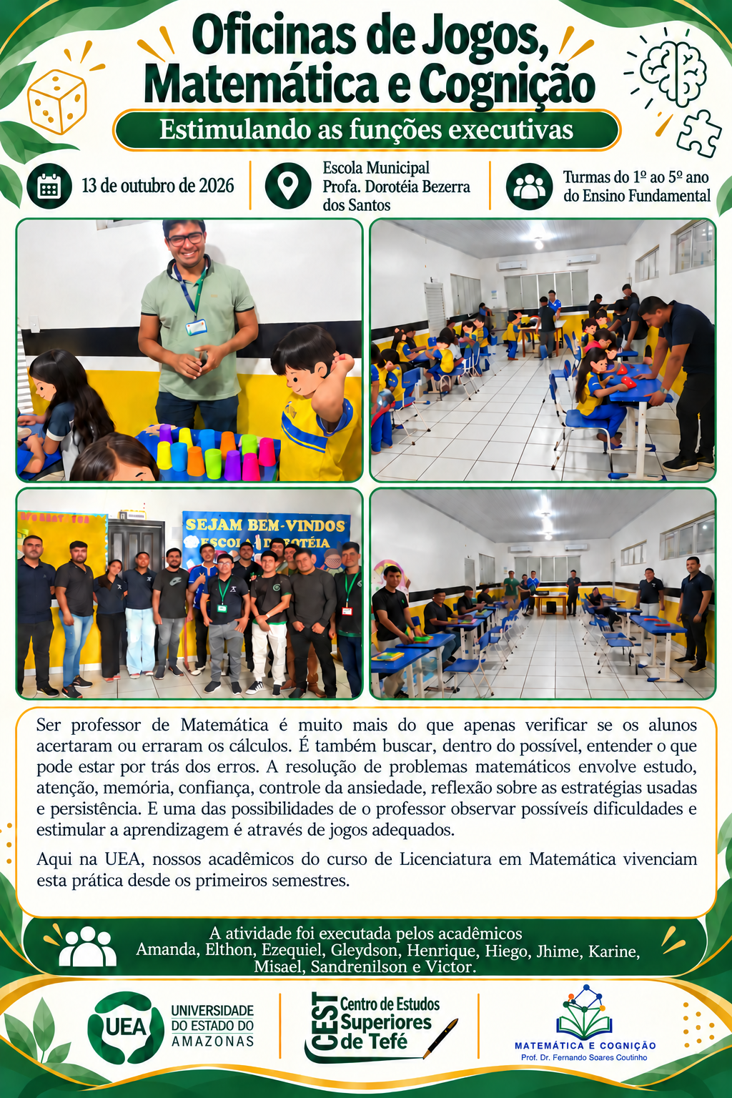 Segunda colagem da oficina, com estudantes participando dos jogos e desafios