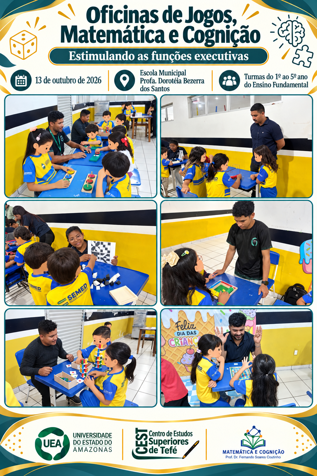 Terceira colagem da oficina, com estudantes participando dos jogos e desafios