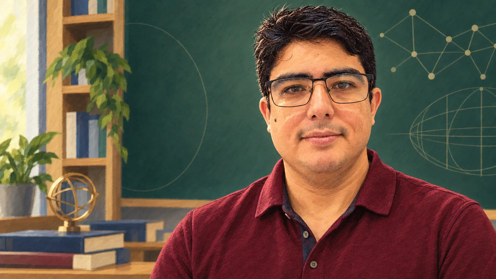 Retrato do professor Fernando Soares Coutinho diante de um quadro com elementos matemáticos