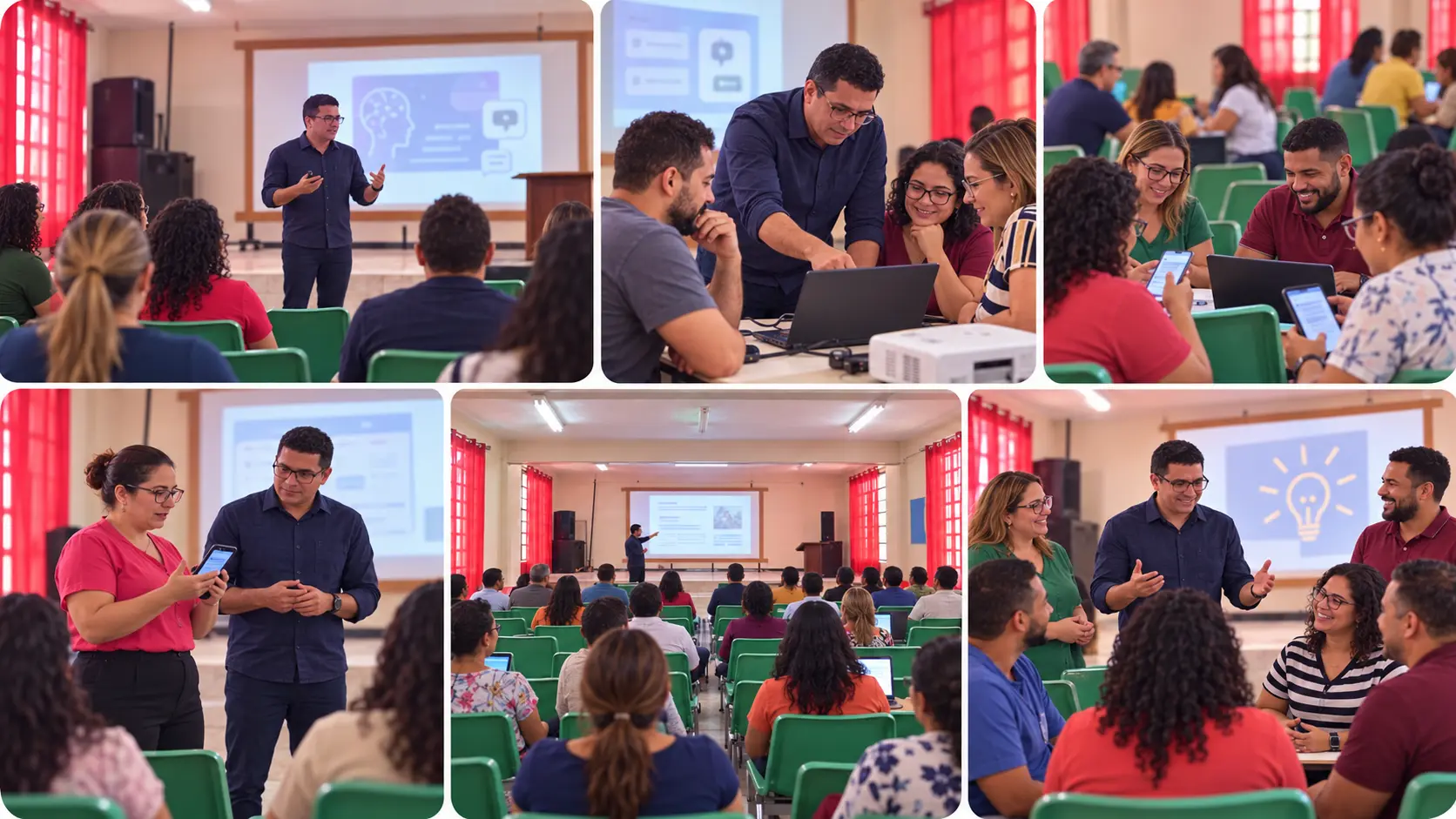 Mural ilustrado com seis momentos da formação de professores sobre inteligência artificial no CEGM