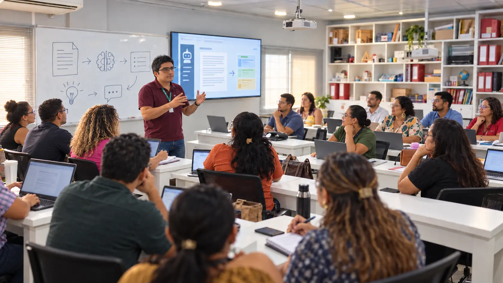 Representação em realismo estilizado do professor Fernando Soares Coutinho conduzindo formação com professores de Língua Portuguesa e Língua Inglesa da SEMED Tefé