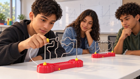 Adolescentes realizando o desafio da argola elétrica em ambiente escolar