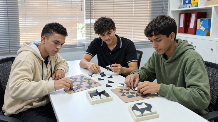 Jovens compondo padrões com blocos geométricos em ambiente escolar