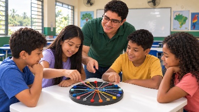 Estudantes resolvendo um desafio de conexões com elásticos coloridos