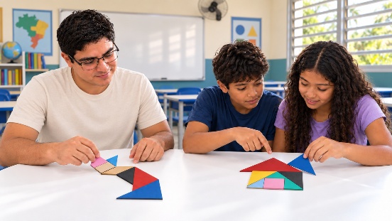 Professor e estudantes compondo figuras com peças de tangram