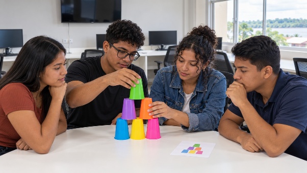 Jovens empilhando copos coloridos a partir de modelos