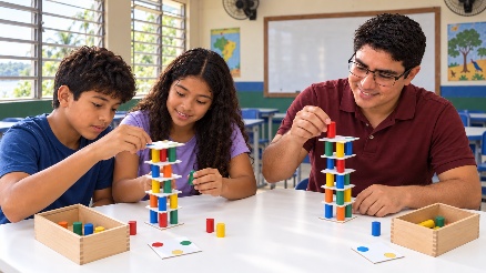 Professor e adolescentes construindo torres com placas e cilindros coloridos