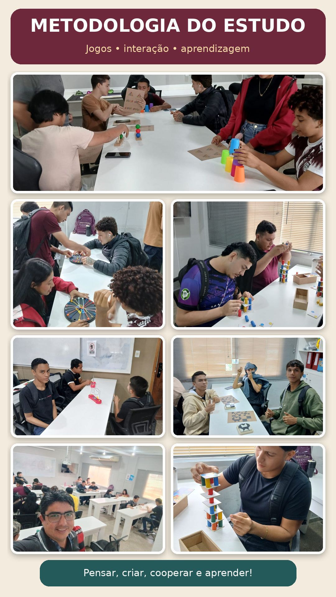 Terceira colagem com registros dos acadêmicos explorando jogos e materiais manipuláveis na atividade de Metodologia do Estudo