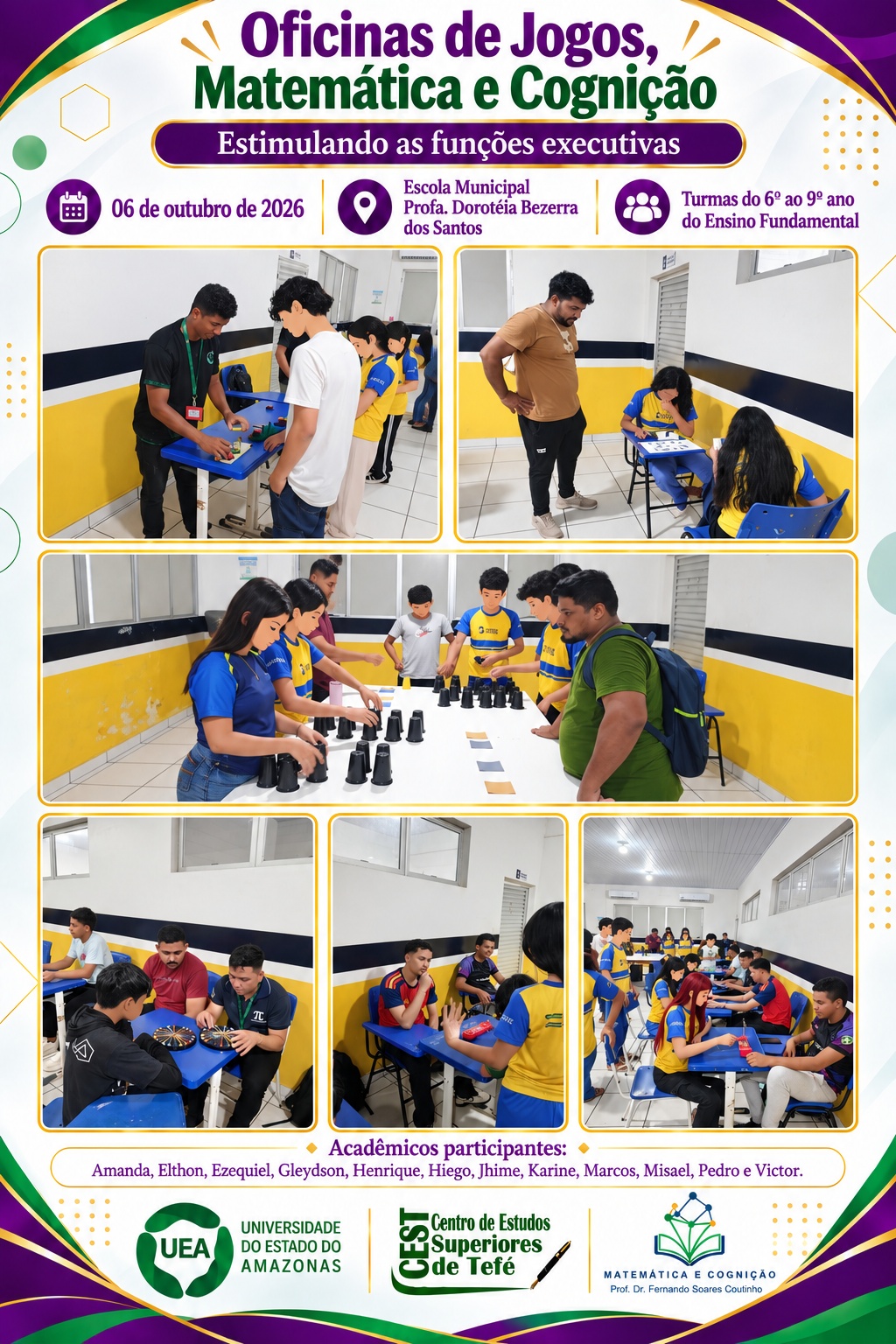 Terceira colagem da oficina, com estudantes participando dos jogos e desafios