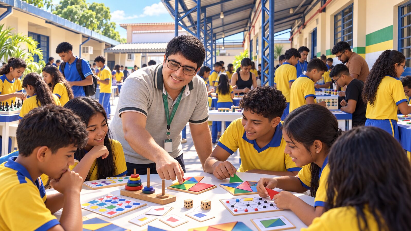 Representação em realismo estilizado de estudantes participando de uma oficina de jogos matemáticos na Escola Estadual São José