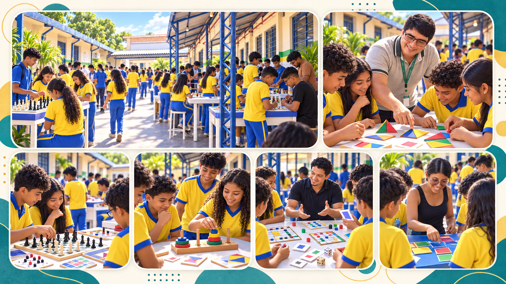 Mural complementar com diferentes jogos e momentos da Feira de Matemática da Escola Estadual São José